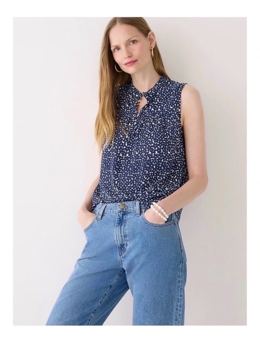 J. Crew XS Sleeveless Button-Front Ruffle Neck Popover Top In Navy Floral